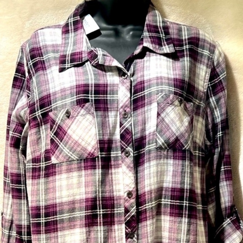 NWT 🤠 DRESS BARN PURPLE/PINK/WHITE COTTON PLAID BUTTON DOWN SHIRT Women’s 1X - Picture 3 of 10